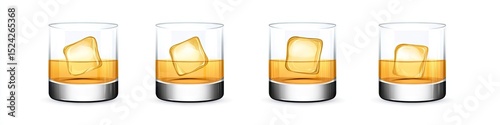 Four short glasses of amber liquid with ice cubes (1)