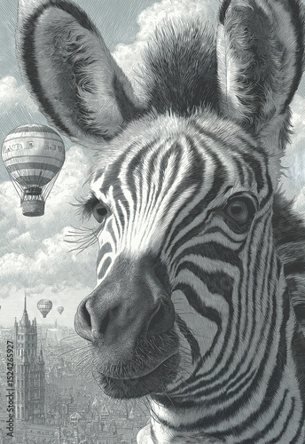 Black and white cartoon illustration of a zebra and a hot air balloon.