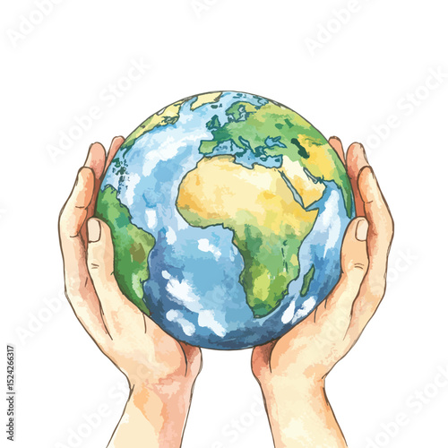 Watercolor Earth Held Gently in Two Hands Symbolizing Care and Protection