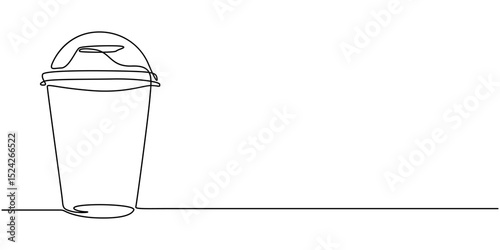 Plastic cup with dome lid continuous one line drawing, Cup with dome. Icon on Red background with shadow, Single line drawing of a hand holding a cup of iced coffee. Clear plastic cup with sphere