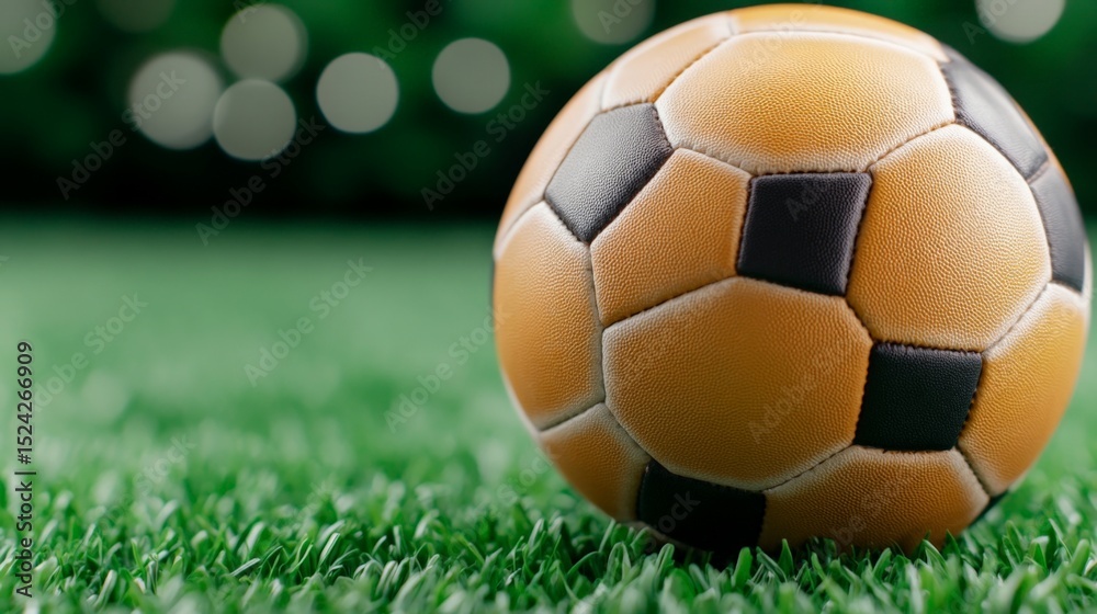 Fototapeta premium Close-up of a classic black and white soccer ball on a green grass field