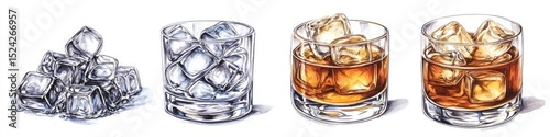 Three glasses of drinks, one with ice, one with amber liquid, one with clear liquid