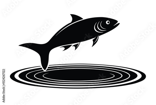 Jumping Fish with Water Ripples Silhouette Vector Art