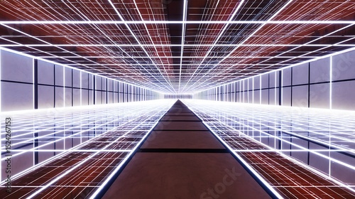 Glowing grid illuminates infinite perspective tunnel
