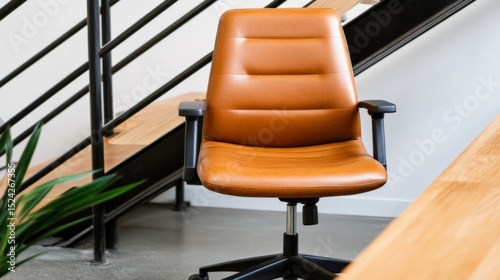 Modern brown leather office chair with armrests in a contemporary workspace setting photo