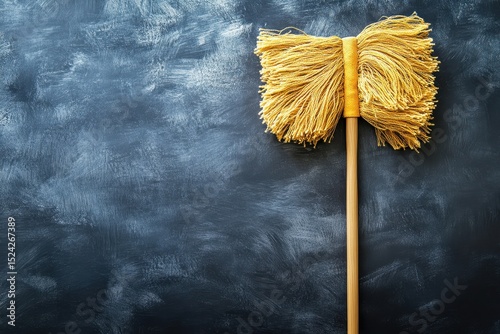 Yellow Mop with Wooden Handle on Dark Chalkboard Background