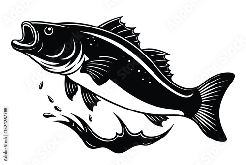 Jumping Bass Fish Silhouette with Water Splash Vector Illustration