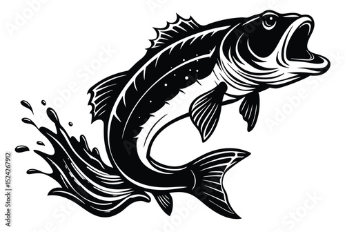 Jumping Bass Fish Silhouette with Water Splash Vector Illustration