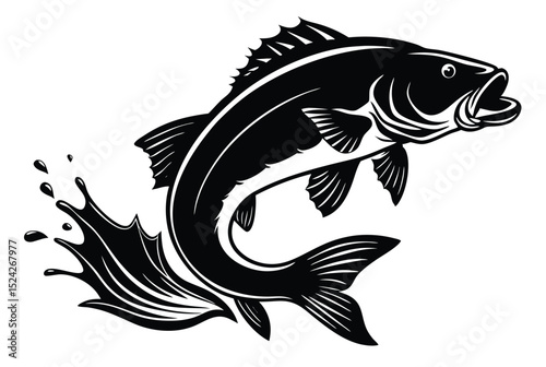 Jumping Bass Fish Silhouette with Water Splash Vector Illustration