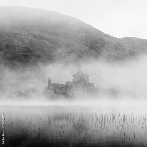 Black and white image of an eerie castle on a lake in Scotland on a spooky misty morning.
