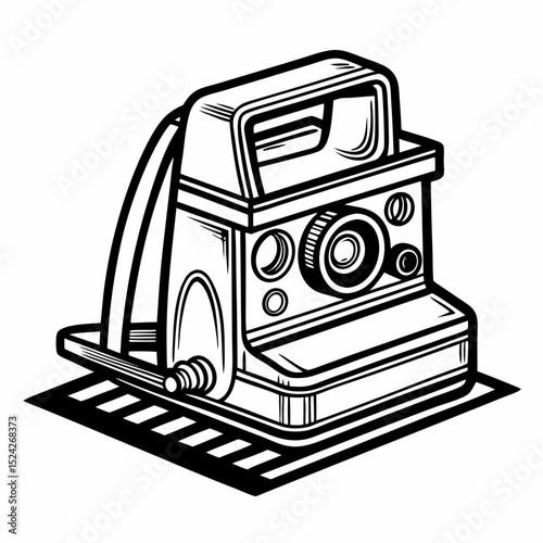 Vintage instant camera black and white illustration
