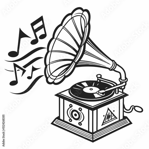 Vintage gramophone with musical notes, isolated illustration