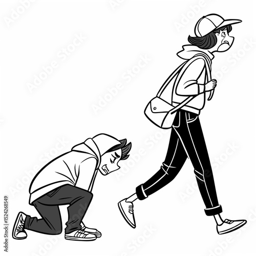 Upset girl leaving boy kneeling down cartoon illustration