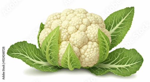 A whole head of cauliflower, with pale yellow-white florets and bright green leaves. It features decorative buds and finely veined leaves on a white background. Vector
