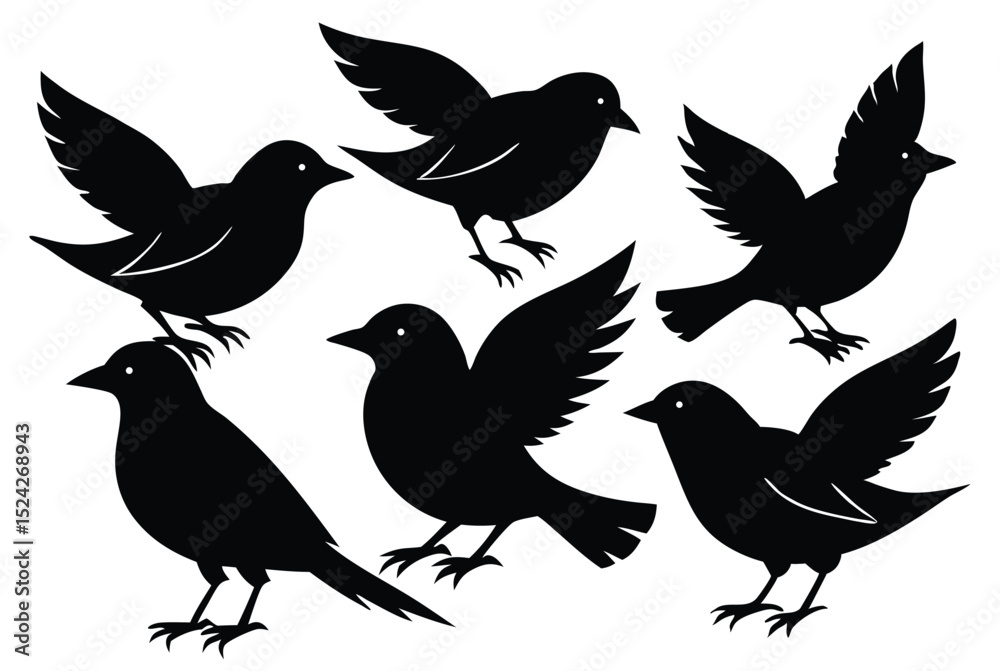 Fototapeta premium Black Bird Silhouette Set Featuring Various Poses Perfect for Nature Themed Vector Art and Wildlife Design Projects