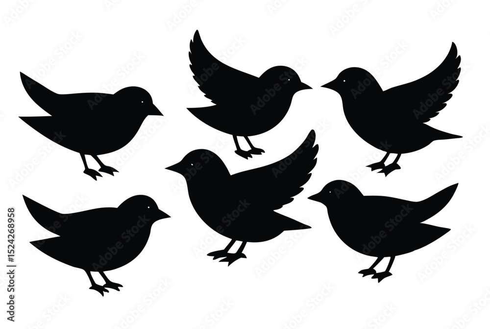 Fototapeta premium Black Bird Silhouette Set Featuring Various Poses Perfect for Nature Themed Vector Art and Wildlife Design Projects