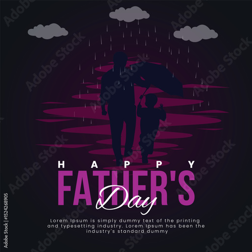 happy father’s day, greeting card, 3d father and son in the rain | heartwarming design on dark background for dad appreciation
