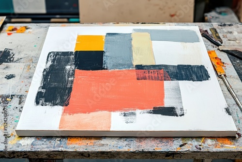Abstract Canvas Art in Bold Colors on Artist Workspace Table