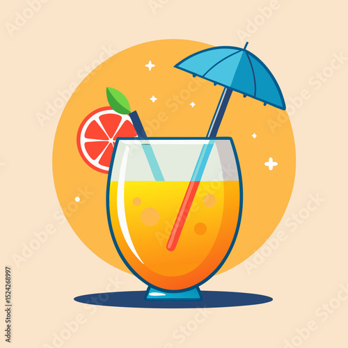 Tropical Coconut Drink with Straw and Umbrella Vector Illustration
