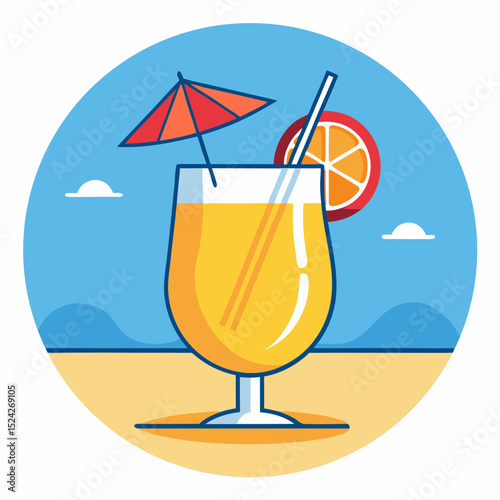 Tropical Coconut Drink with Straw and Umbrella Vector Illustration
