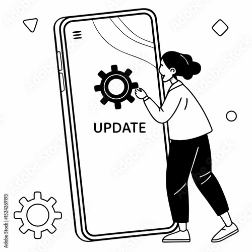 Woman updating mobile phone software giant screen