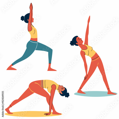 Stylized vector characters doing yoga poses, wearing fitness outfits, in calm indoor 
