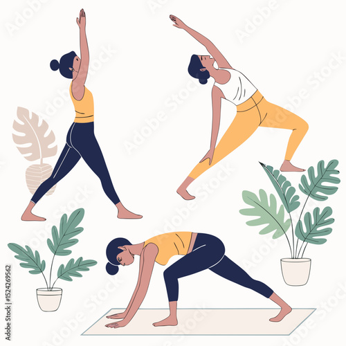 Stylized vector characters doing yoga poses, wearing fitness outfits, in calm indoor 
