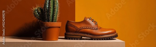Classic brogue leather shoes with cactus plant on orange background