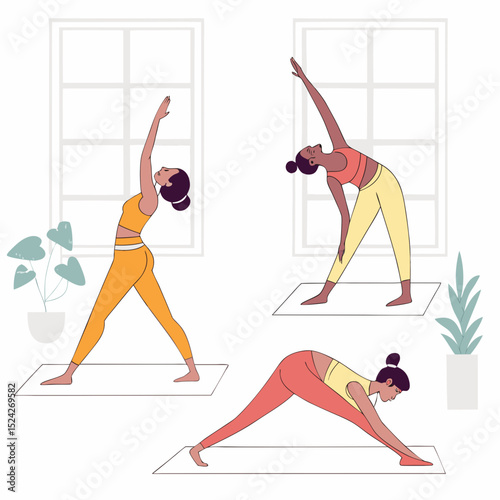 Stylized vector characters doing yoga poses, wearing fitness outfits, in calm indoor 
