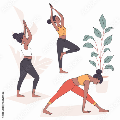 Stylized vector characters doing yoga poses, wearing fitness outfits, in calm indoor 
