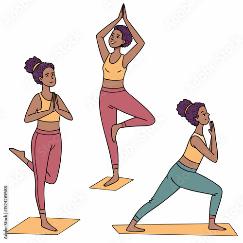 Stylized vector characters doing yoga poses, wearing fitness outfits, in calm indoor 
