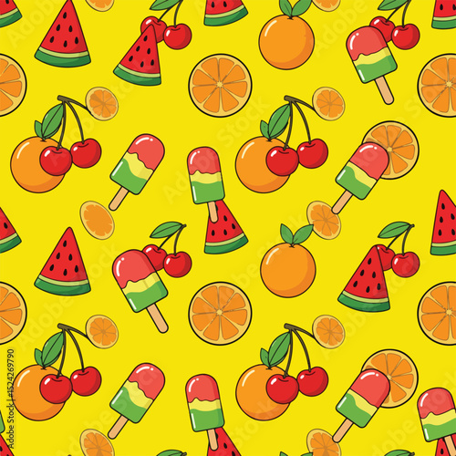 Summer Fruit and Popsicle Pattern Vibrant Yellow Background Illustration