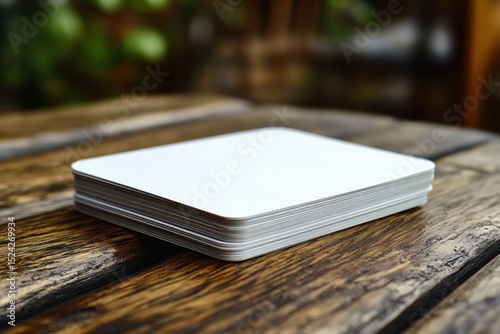 Blank Business Cards Stacked on Wooden Table with Natural Background