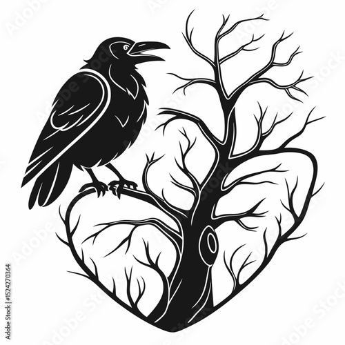 Silhouette raven perched on heart shaped tree