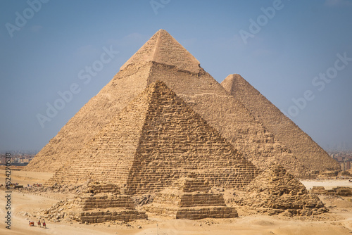 Giza Pyramids and Sphinx under clear blue sky