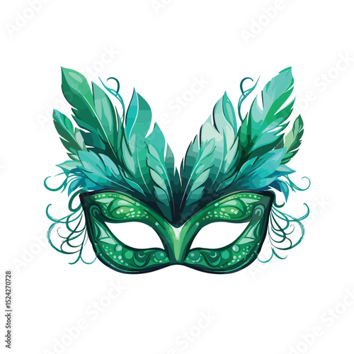 Elegant Green Carnival Mask with Feathers for Festive Events on White Background