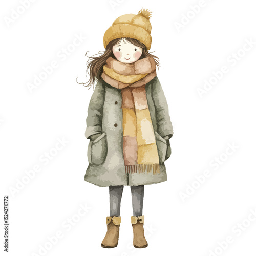 Watercolor Girl in Winter Outfit with Striped Scarf and PomPom Hat