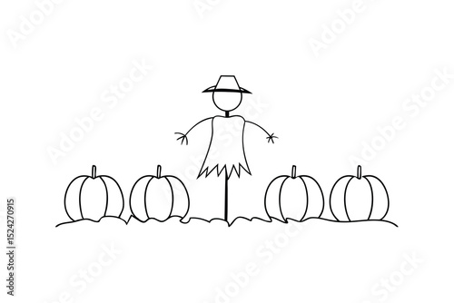 Simple line drawing scarecrow standing in pumpkin patch