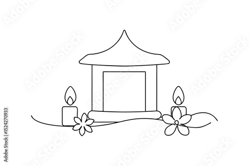 Simple line drawing of a small pavilion with candles and flowers