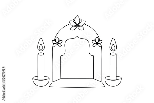 Simple line drawing of archway with candles and flowers