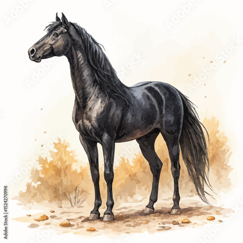 Majestic black stallion standing calmly in a golden autumn field.