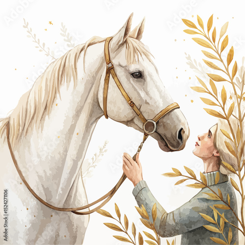 Young man with blond hair lovingly gazing at a beautiful white horse surrounded by floral motifs.