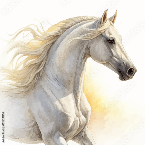 Elegant white horse portrait with a flowing mane in a soft pastel style with copy space.