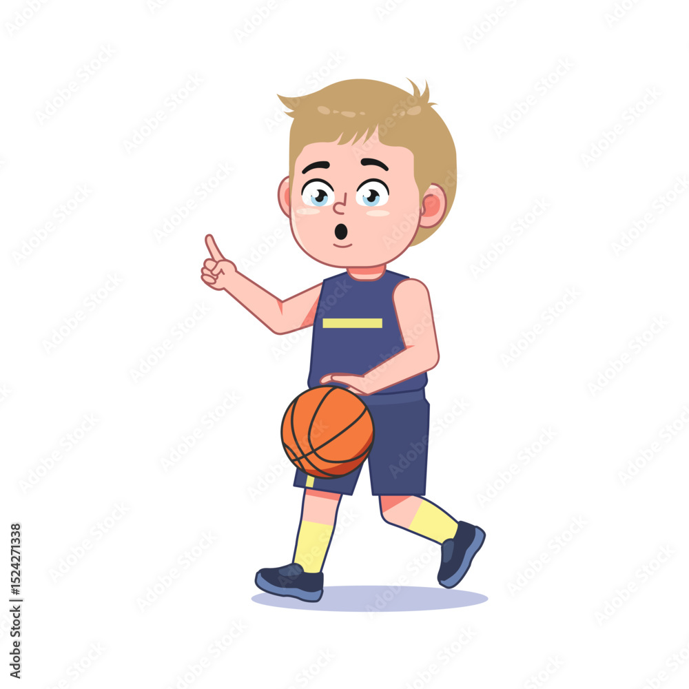 Fototapeta premium Blond Cute Little Boy Cartoon Playing Basketball Point Guard Dribble