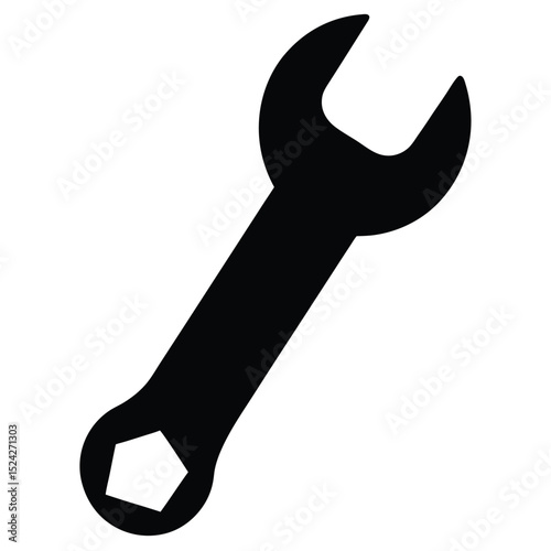 Black and White Illustration of a Spanner with Open and Hexagonal Ends Isolated