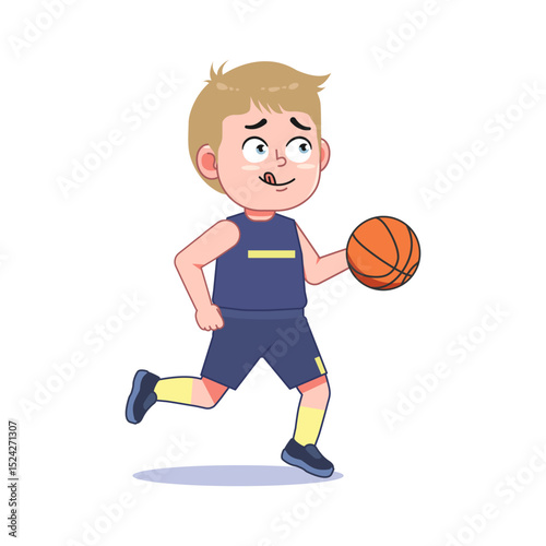 Blond Cute Little Boy Cartoon Playing Basketball Sprint Dribble