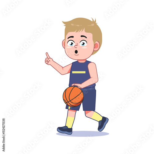 Blond Cute Little Boy Cartoon Playing Basketball Point Guard Dribble