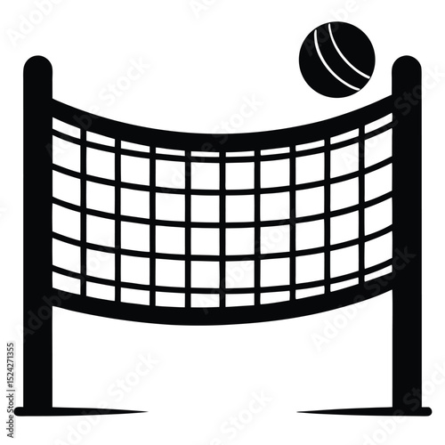Black and White Illustration of a Volleyball Net with a Ball Above it