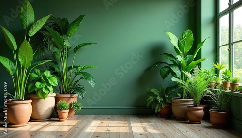 Lush green flooring plants in various pots create a vibrant, natural indoor landscape Perfect for home decor, interior design, and gardening websites , nature, bedroom