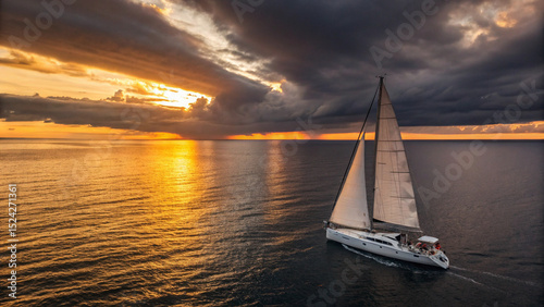 Fotografie White sailboats sailing into the ocean at sunset